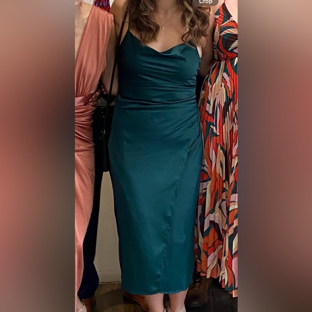 Sleeveless Satin Draped Midi Dress in Deep Green
